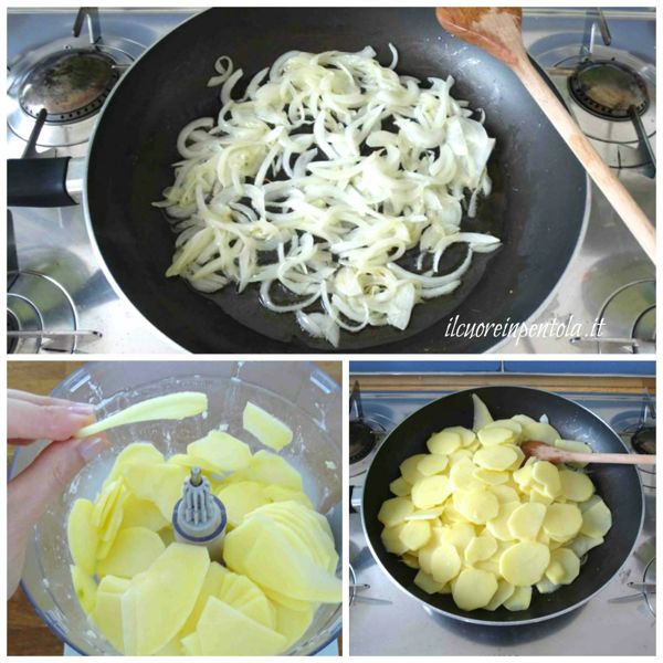 soffriggere cipolle e aggiungere patate