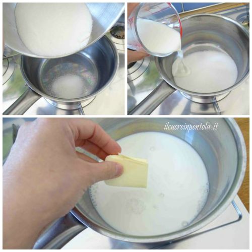 in un pentolino versare zucchero latte e burro