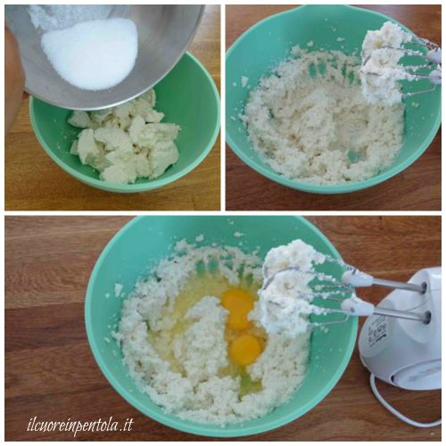 setacciare ricotta e aggiungere zucchero e uova