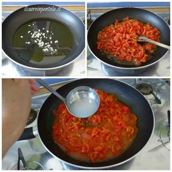 soffriggere aglio e aggiungere pomodoro