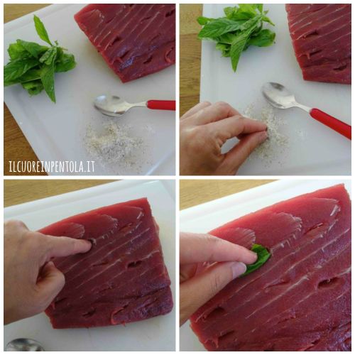 realizzare buchi nel trancio di tonno e aggiungere aromi