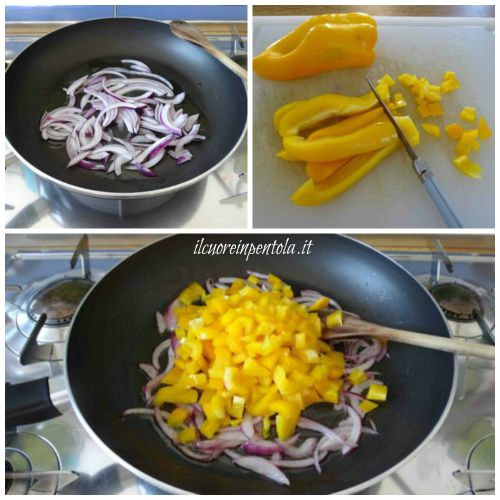 soffriggere cipolla e aggiungere peperoni