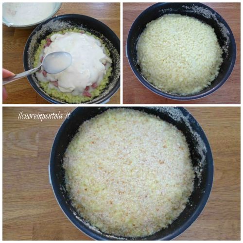 aggiungere il riso restante e ricoprire con pangrattato