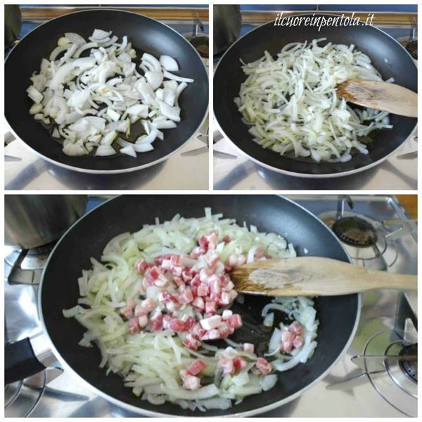 soffriggere cipolla e aggiungere pancetta