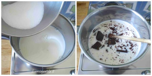 scaldare latte e aggiungere zucchero e cioccolato