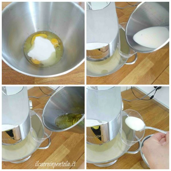 montare uova e zucchero e aggiungere latte olio e yogurt