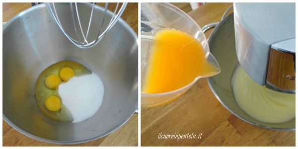 montare uova e zucchero e aggiungere succo di mandarino