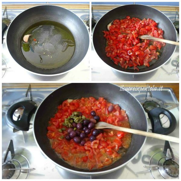 soffriggere aglio e aggiungere olive e capperi