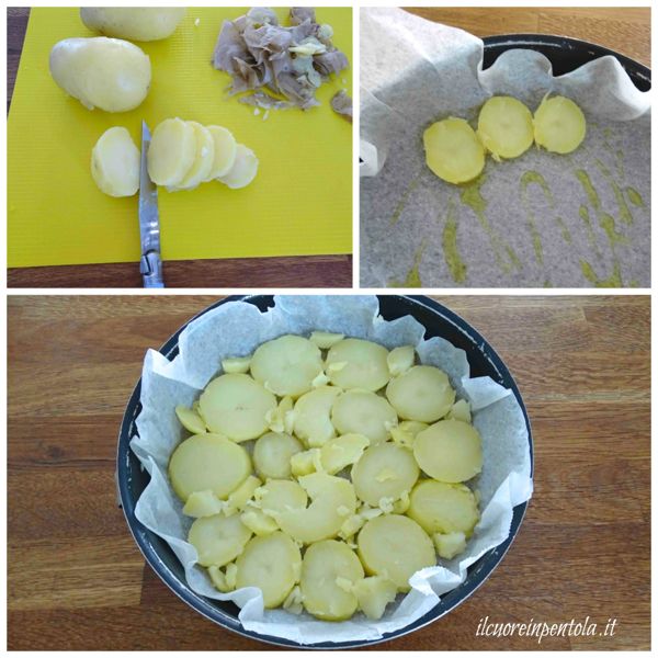 tagliare patate e disporle sul fondo della teglia