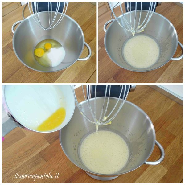 montare uova e zucchero e aggiungere burro