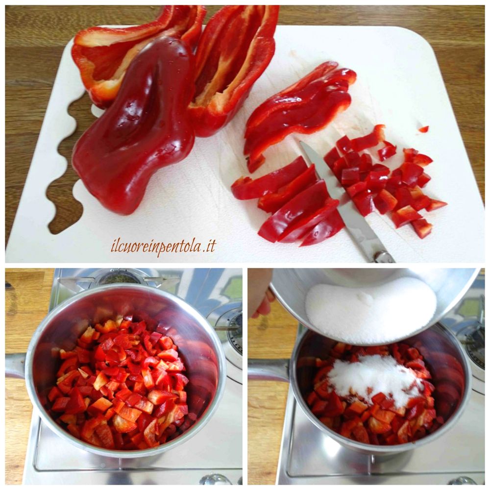 tagliare peperoni e aggiungere zucchero