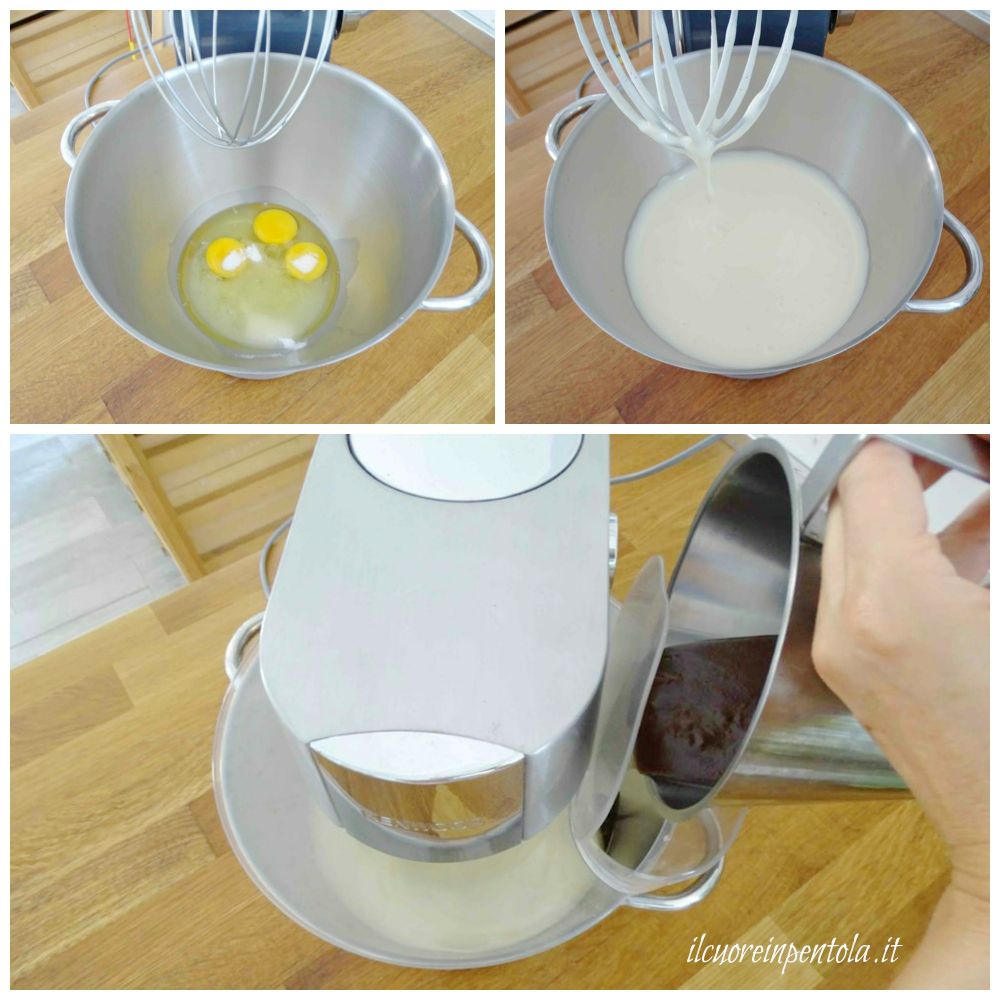 montare uova e zucchero e aggiungere cioccolato