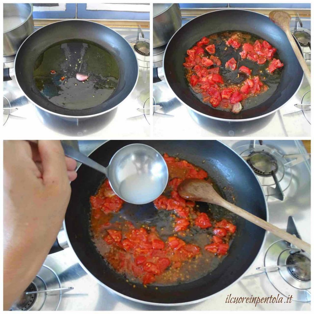 soffriggere aglio e aggiungere pomodori