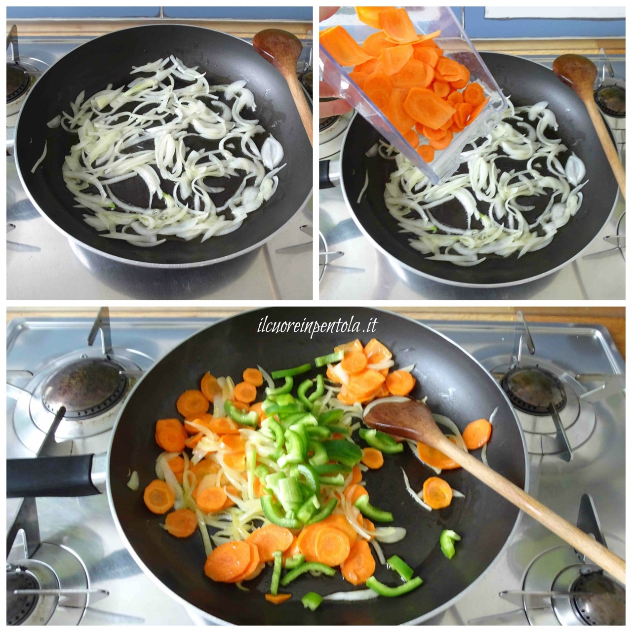 fare soffritto e aggiungere carote e peperoni